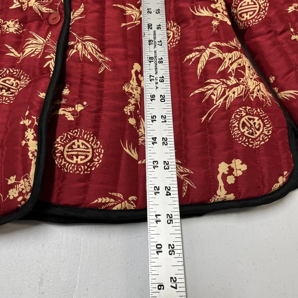 Carole Little Jacket Blazer Red Asian Floral Madarin Print Silk Quilted Size M